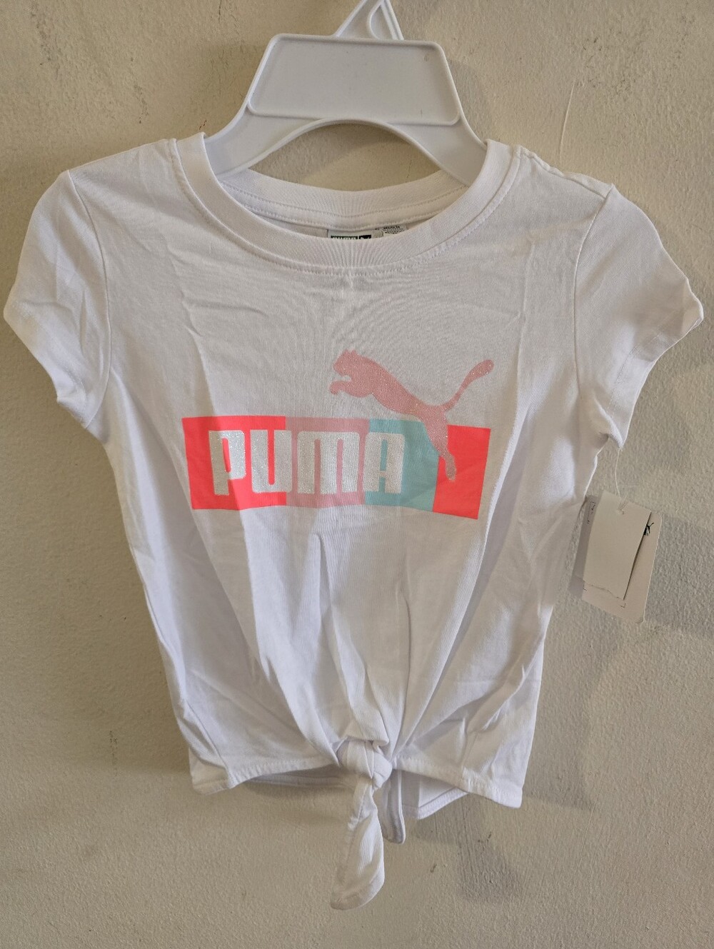 Puma Front Knot Tee Toddler Girls Size 5 White Pink Blue Glitter Graphic Top NWT
